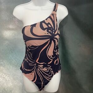 Autograph Navy Blue Mauve Floral One Shoulder Swimsuit UK 16 US 12